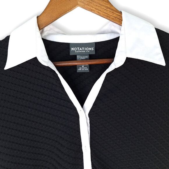 Notations Black & White Long Sleeve Blouse Top Contrast Lapel Collar Cuffs Sz M - Picture 2 of 9